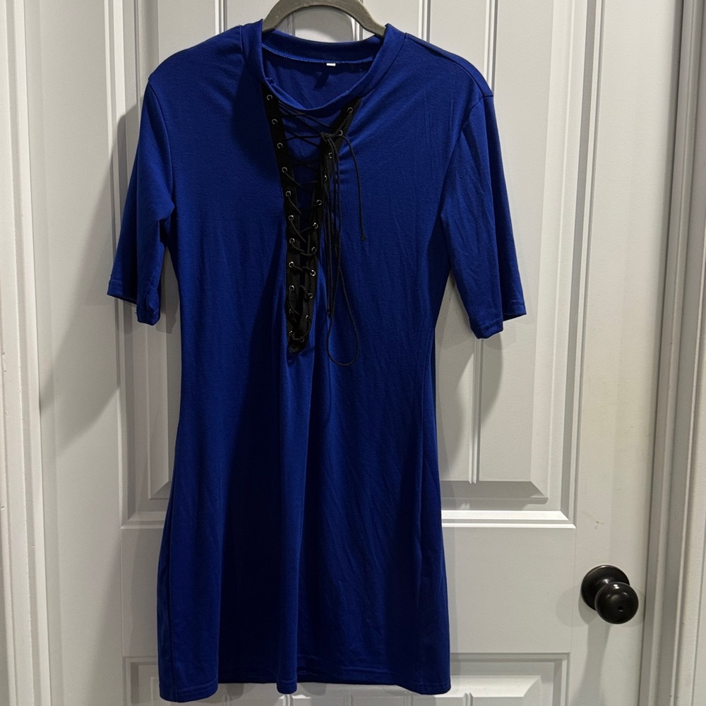 Blue Lace-Up T-Shirt Dress